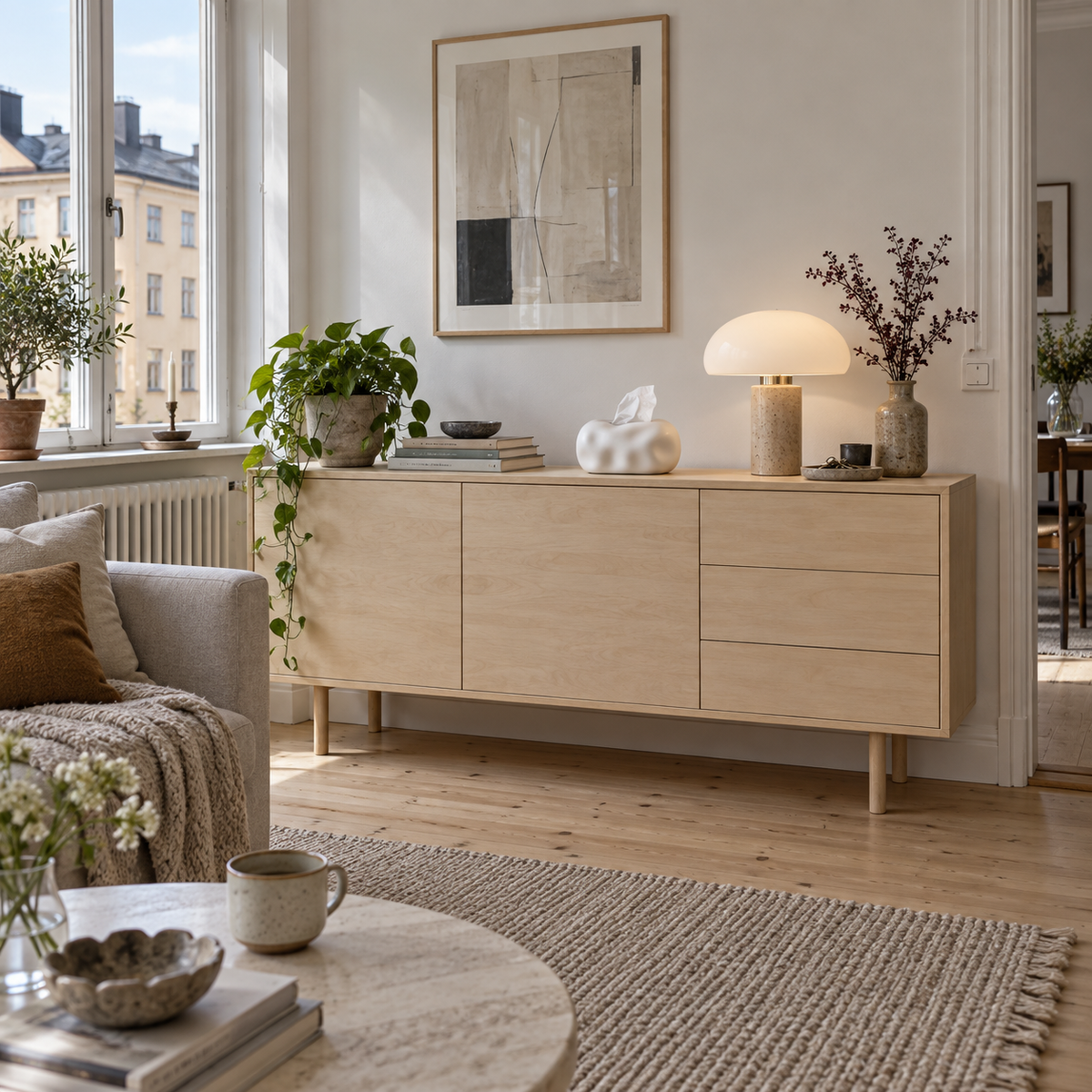 White bubble tissue cover on furniture in a Stockholm living room.