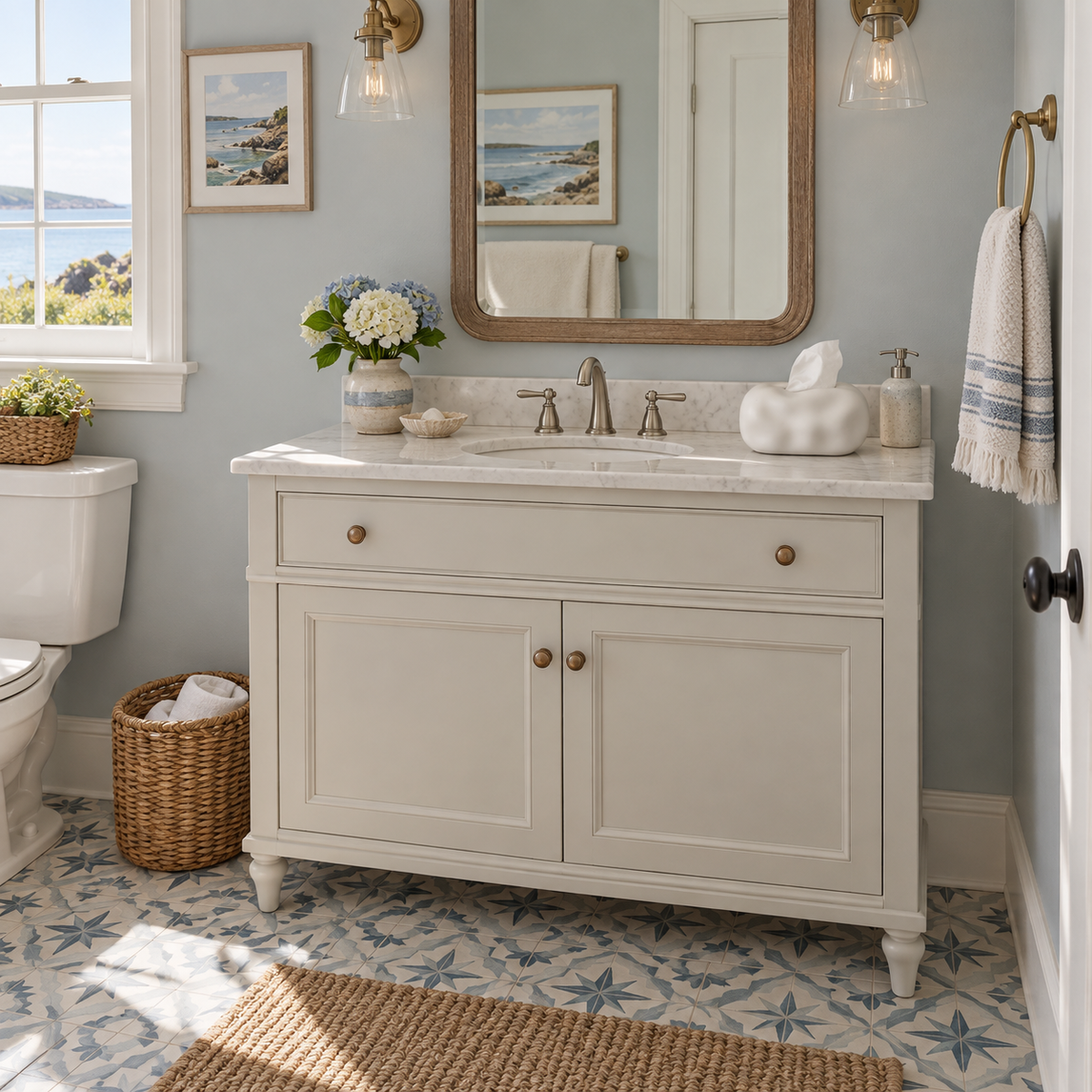 White bubble tissue cover beside furnishings in a Maine guest bathroom.