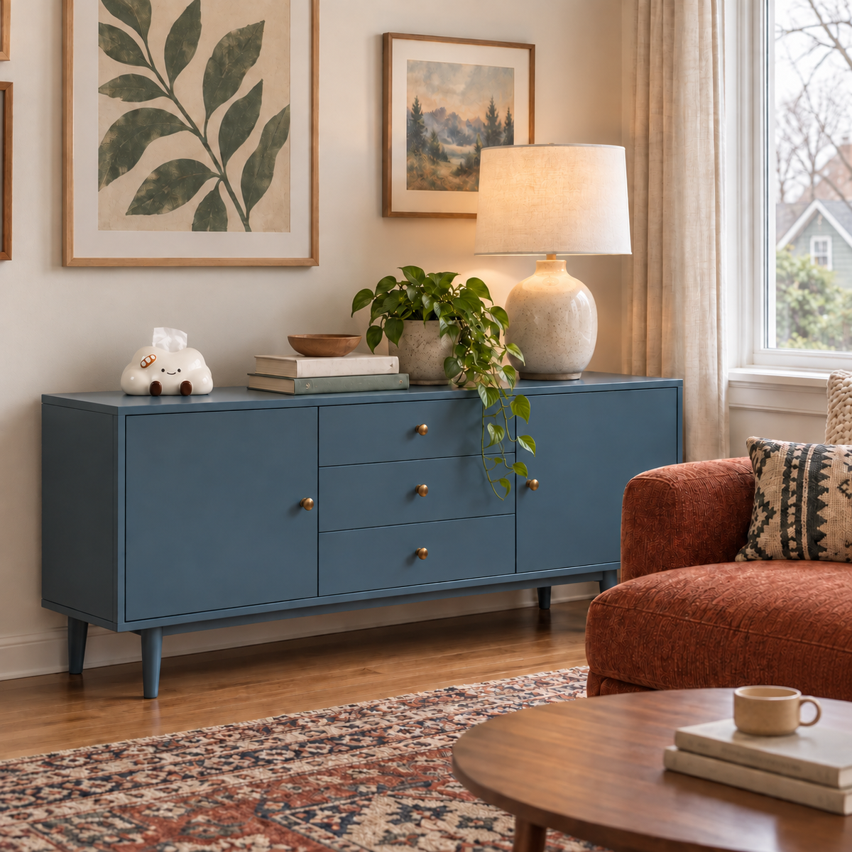 Cream cloud tissue cover with brown feet and baguette ornament on a blue living-room sideboard.