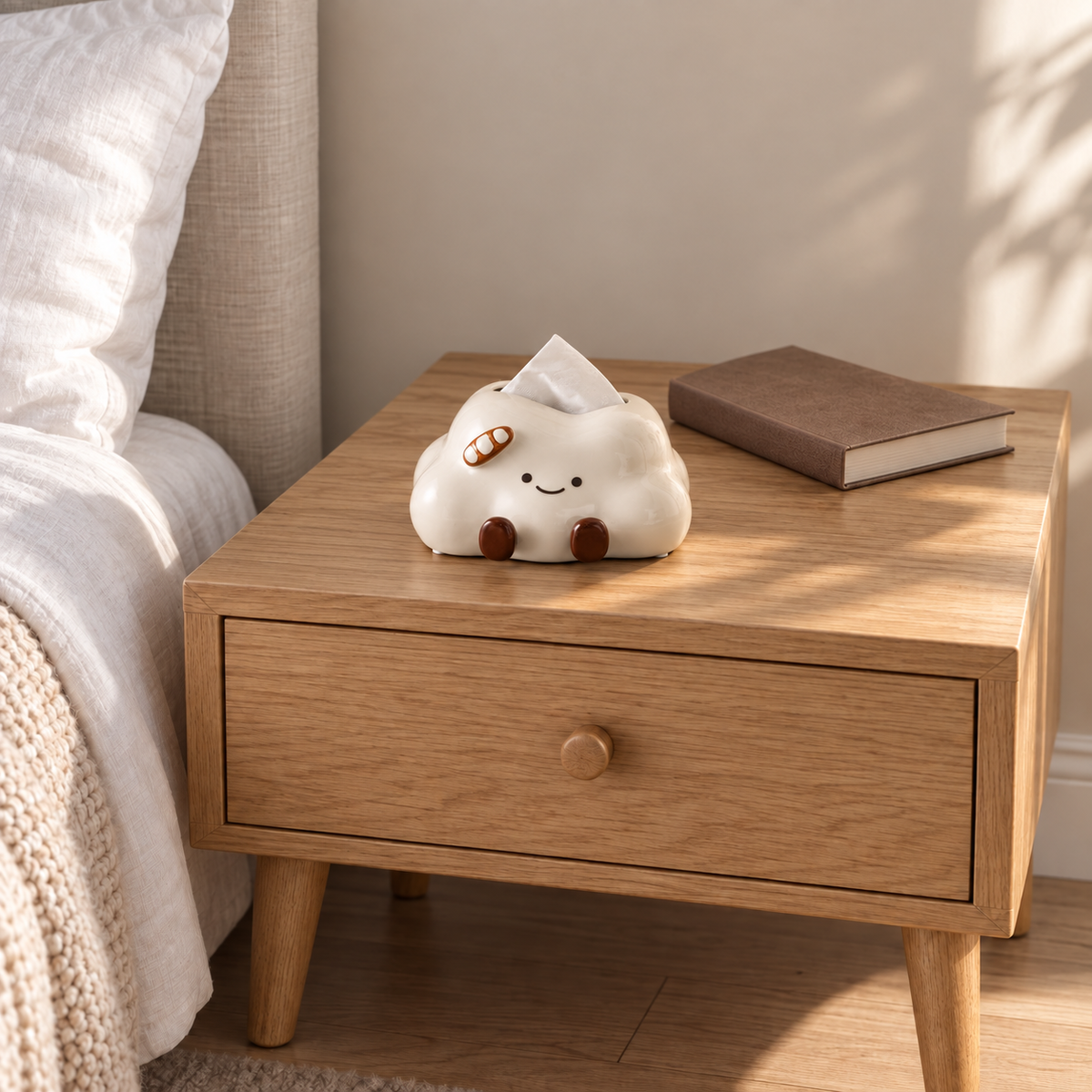 Cream cloud tissue cover with brown feet and baguette ornament on an oak bedside table beside a linen bed.