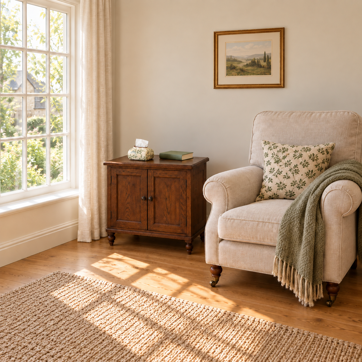 Cream floral tissue box cover on a dark wood side cabinet beside a cream armchair in a sunlit sitting room.