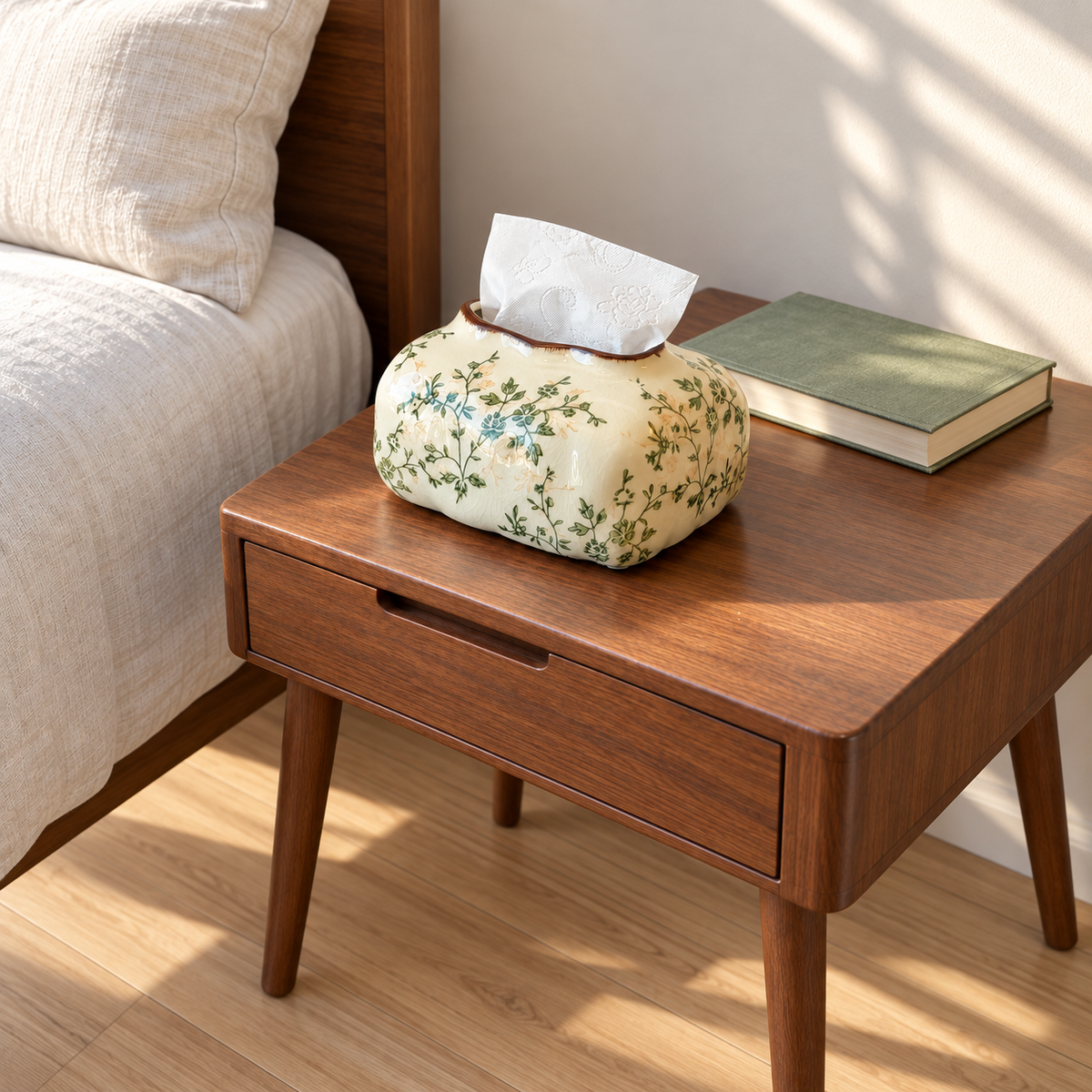 Cream floral tissue box cover on a wooden bedside table beside a green book and linen bedding.