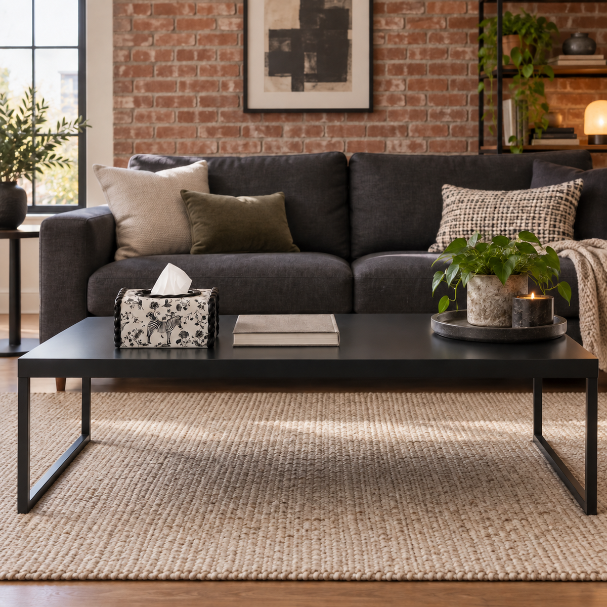 Black Zebra Motif tissue box cover on a steel coffee table before a charcoal sofa and book.