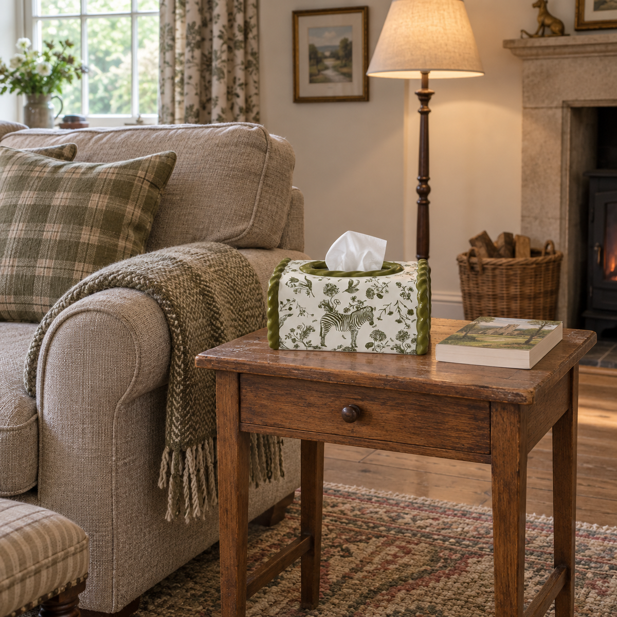 Moss green Zebra Motif tissue box cover on an oak side table beside an oatmeal sofa and book.