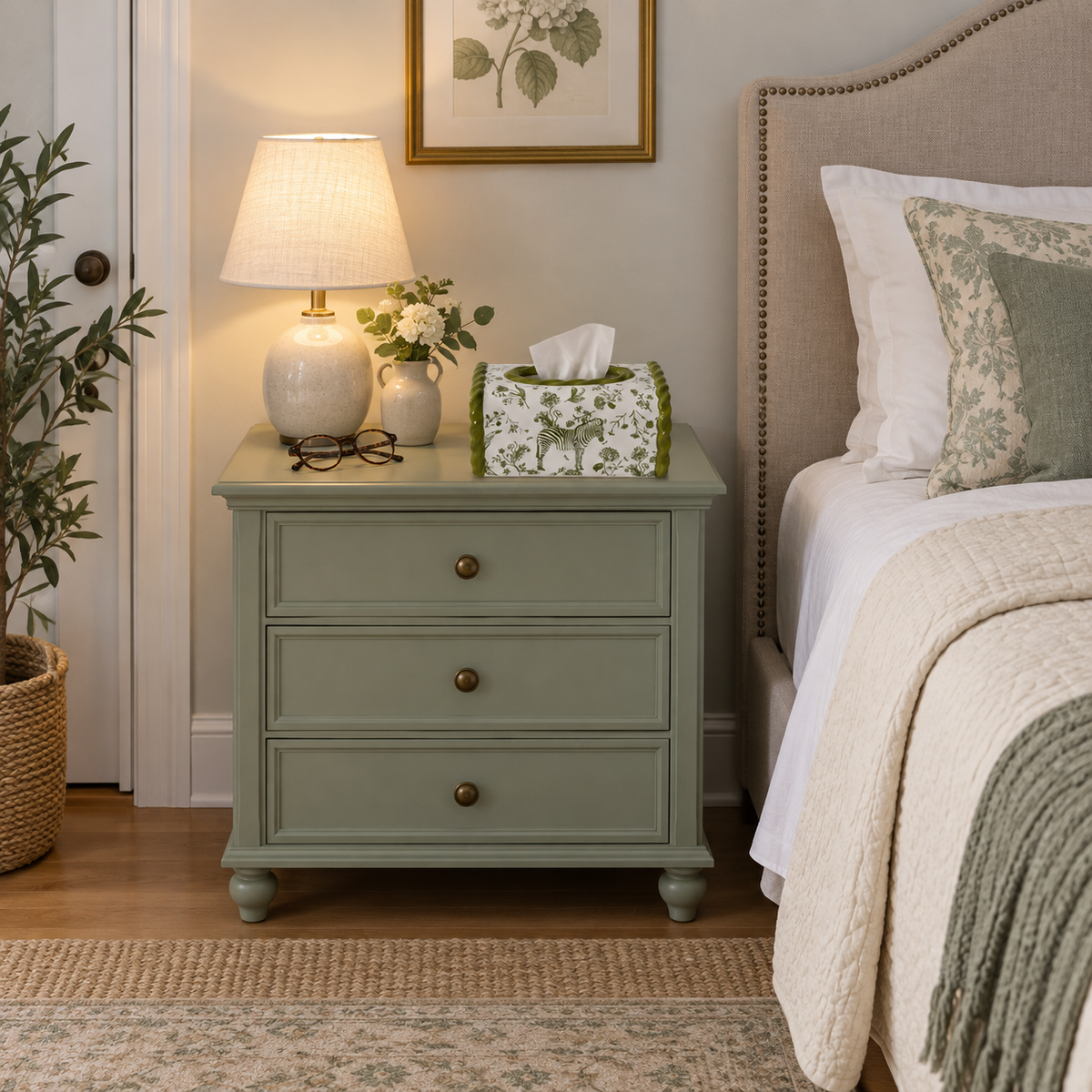 Moss green Zebra Motif tissue box cover on a sage bedside cabinet beside a bed and lamp.