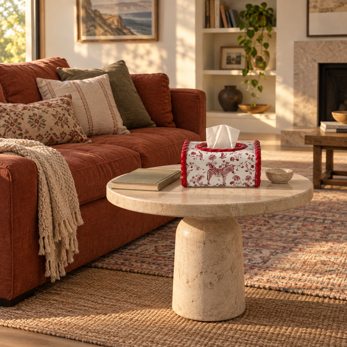 Crimson Zebra Motif tissue box cover on a round pale-stone side table beside a rust sofa and book.