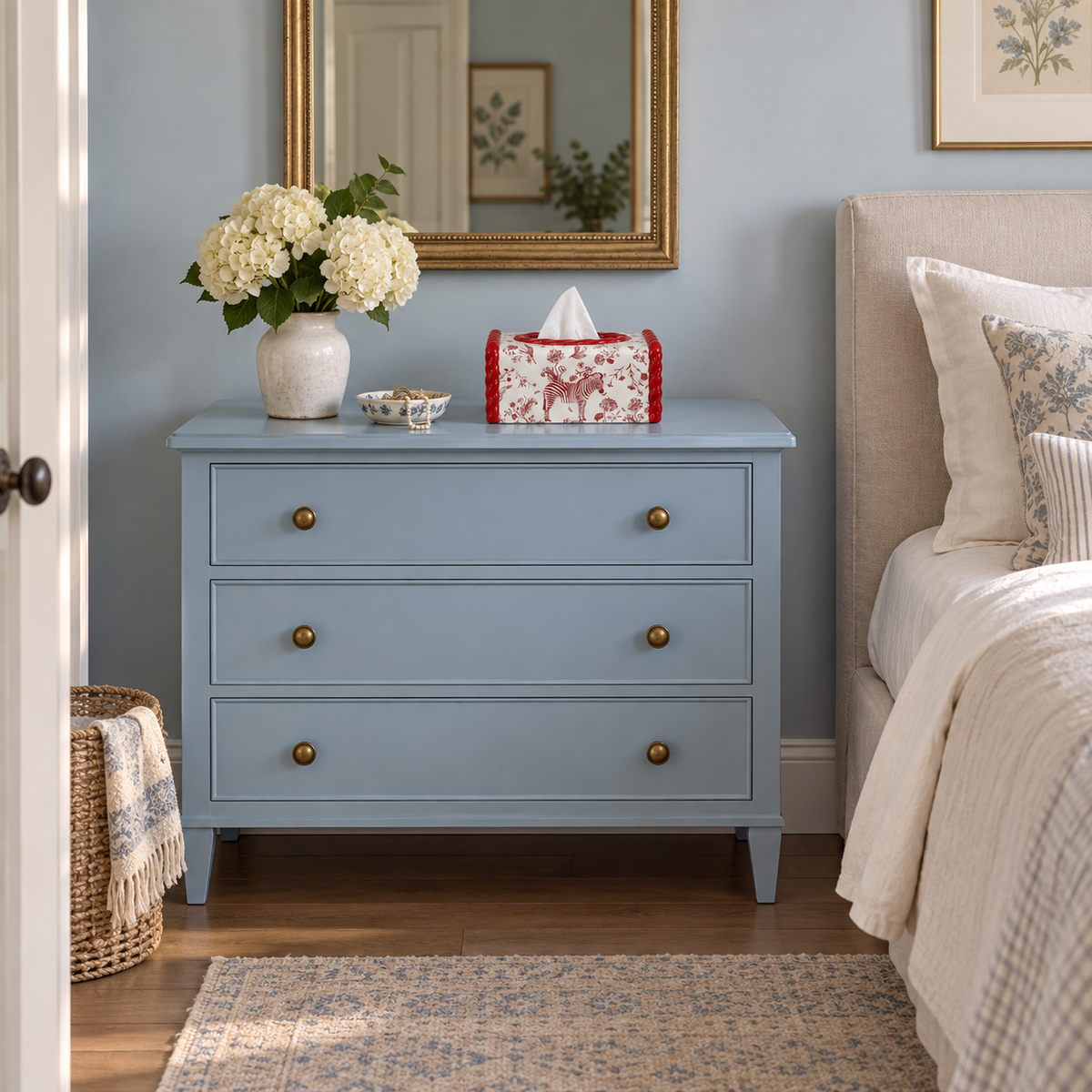 Crimson Zebra Motif tissue box cover on a powder-blue bedroom chest near a mirror and bed.