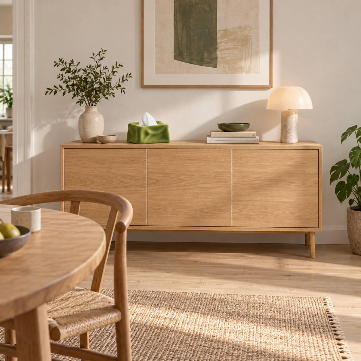 Grüne Taschentuchbox auf einem Eichen-Sideboard im Esszimmer einer Kopenhagener Wohnung.