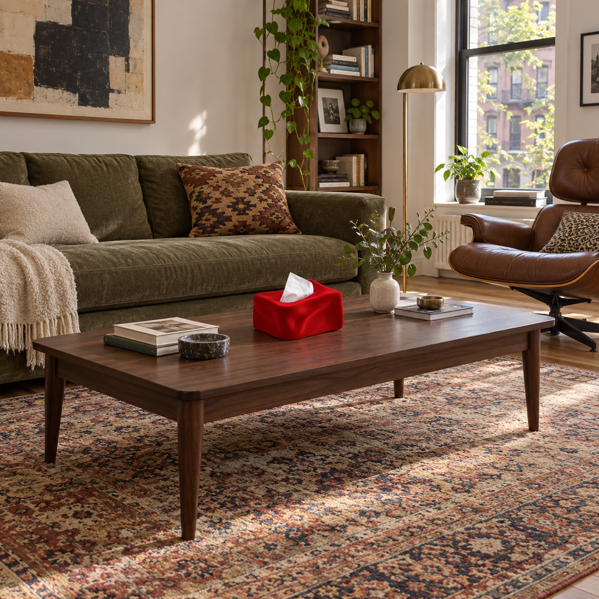 Rote Taschentuchbox auf einem Walnuss-Couchtisch in einem Wohnzimmer in Brooklyn.