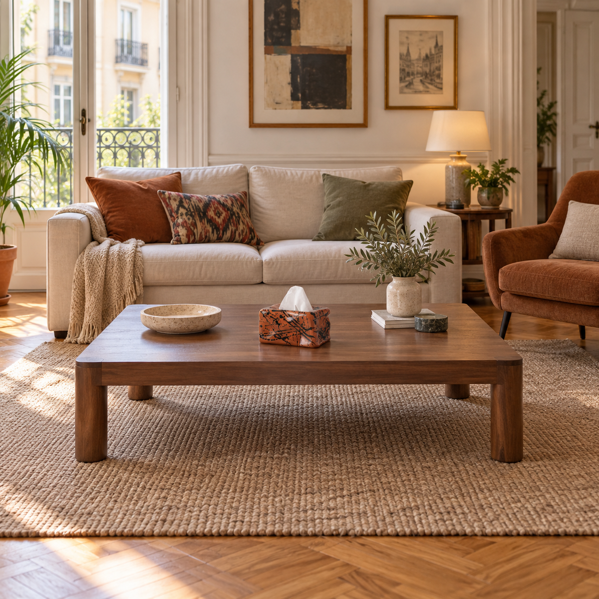 Terracotta Splash tissue cover on a walnut coffee table in a Madrid apartment.