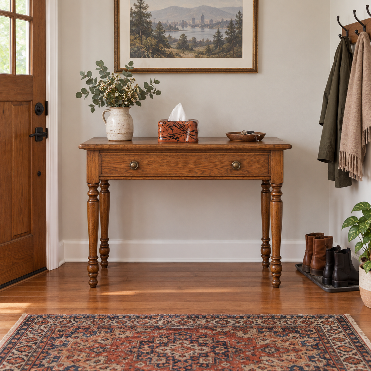 Terracotta Splash tissue cover on a vintage entry console in a Portland family home.