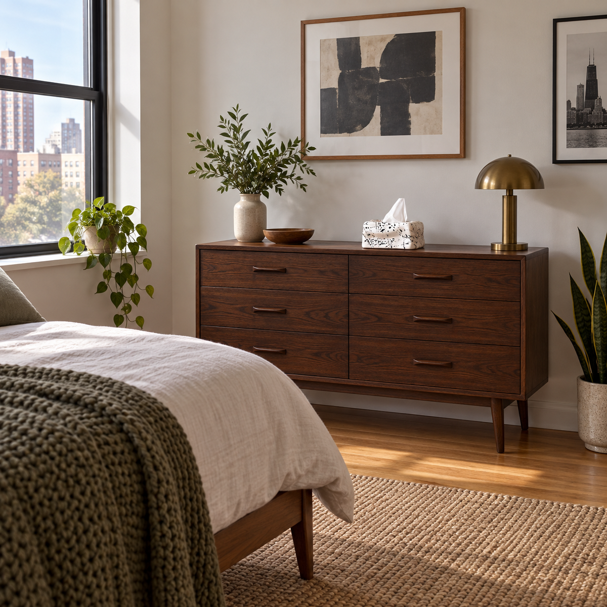 Ink White tissue cover on a dark-oak dresser in a Chicago apartment bedroom.