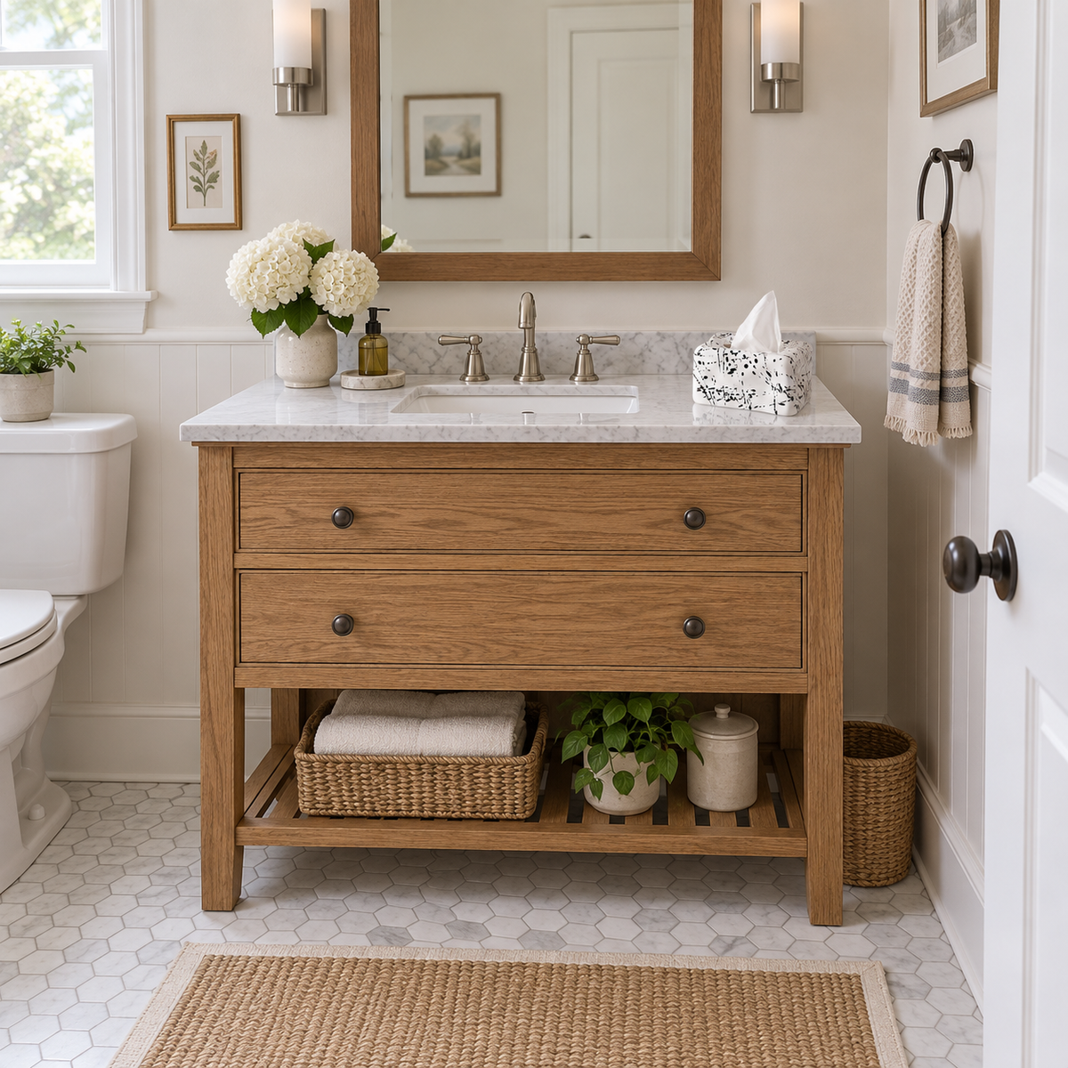 Ink White tissue cover beside the basin on a vanity in a guest bathroom.
