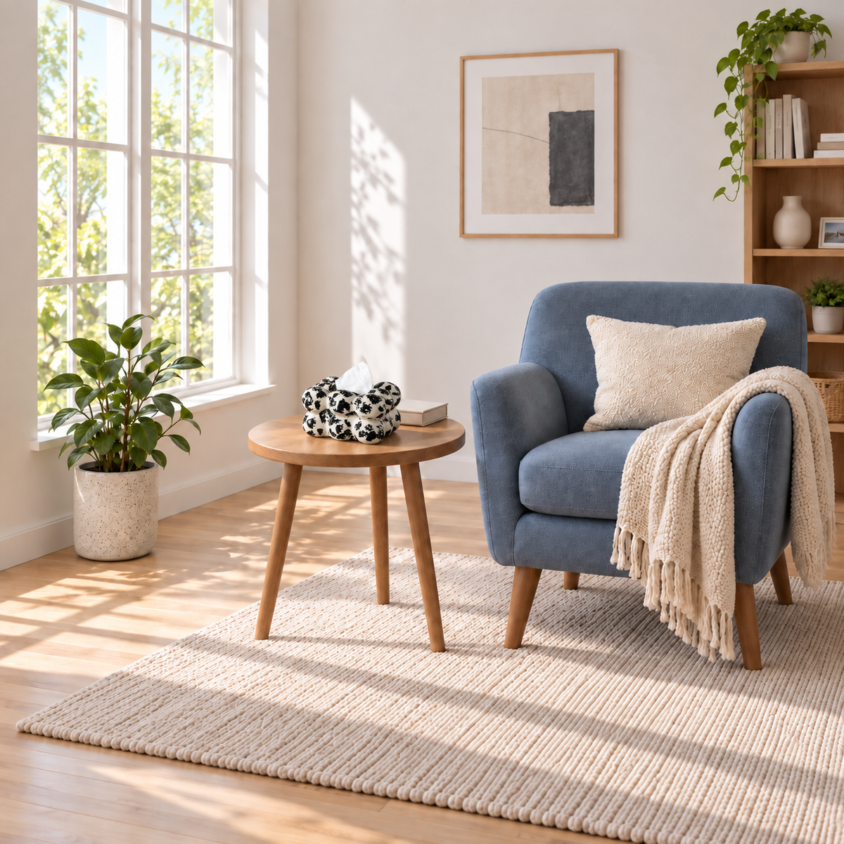 Black-and-ivory bubble tissue box cover on a wooden side table beside a blue-grey armchair