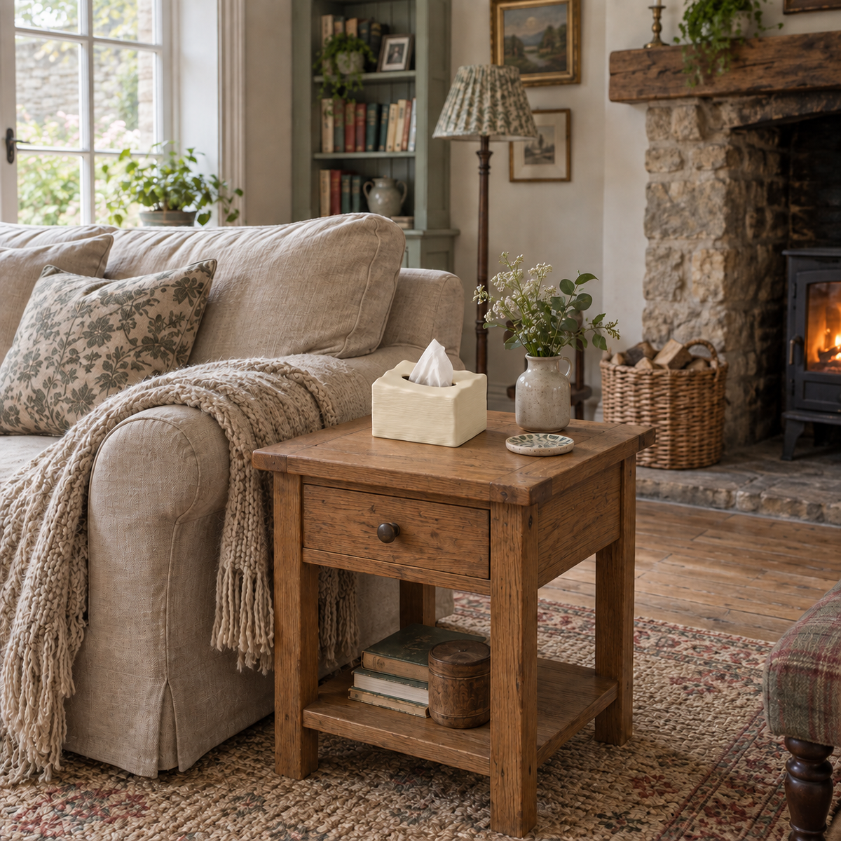 Matte Butter Cream tissue cover on an oak end table beside a linen sofa in a cottage sitting room.