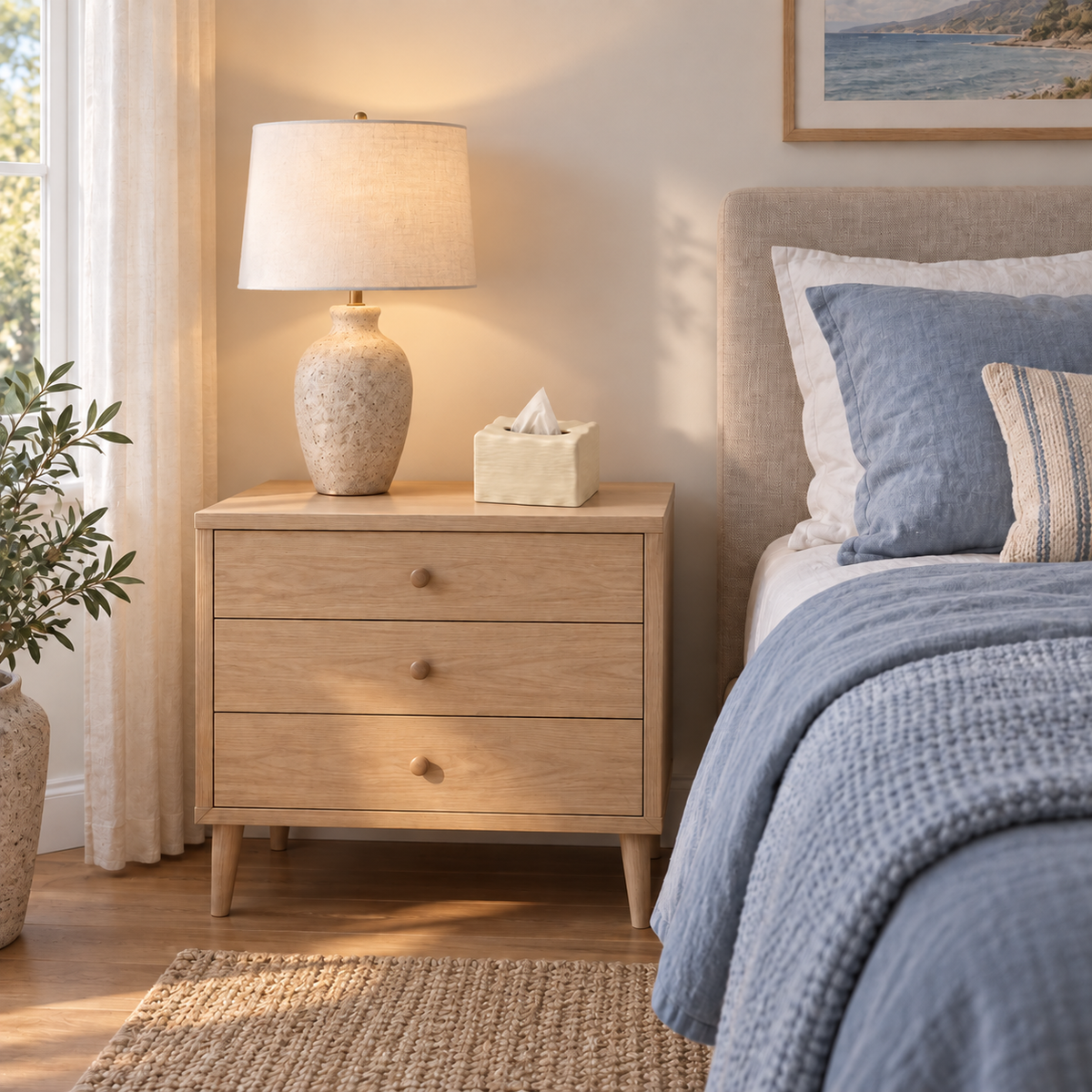 Matte Butter Cream tissue cover on a pale oak bedside chest next to a bed and lamp.
