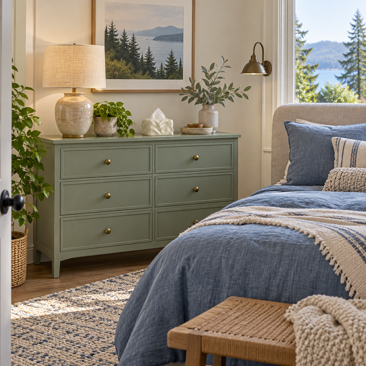 Ivory crinkled ceramic tissue cover on a sage dresser in a guest bedroom.