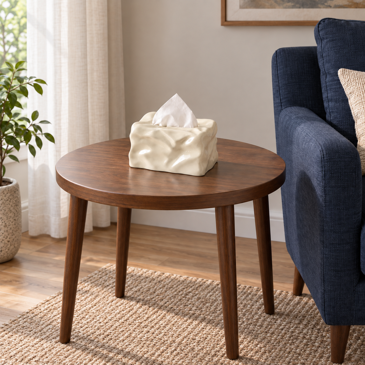White crinkled ceramic tissue box cover on a round walnut side table beside a blue armchair