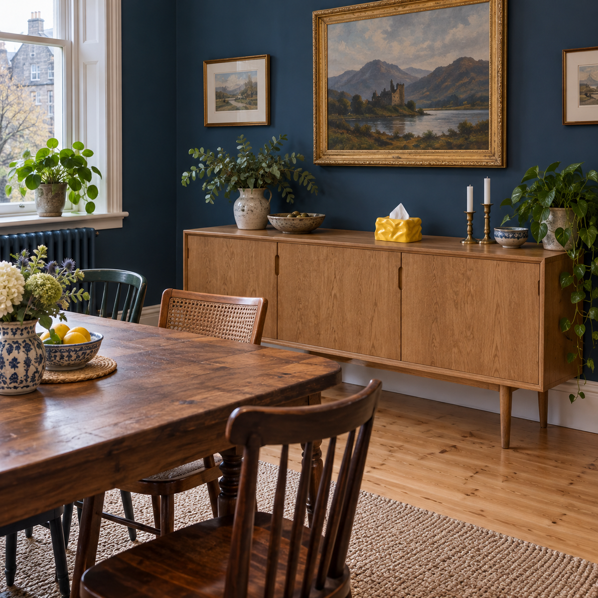 Yellow crinkled ceramic tissue cover on an oak sideboard in a blue-walled dining room.