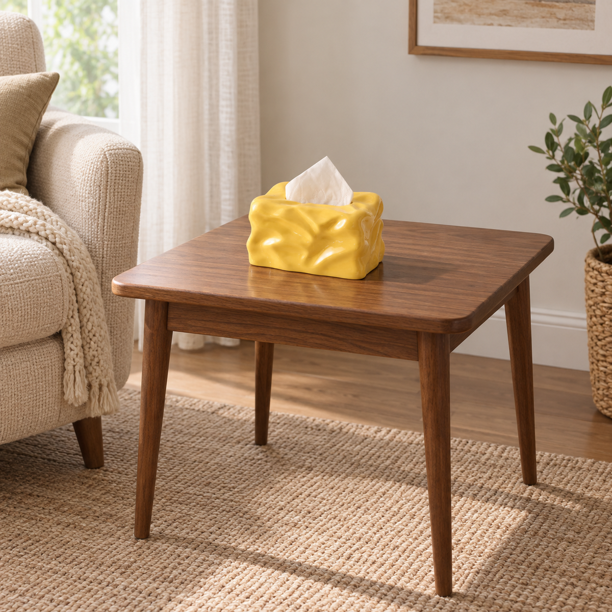 Yellow crinkled ceramic tissue cover on a walnut side table beside a cream armchair