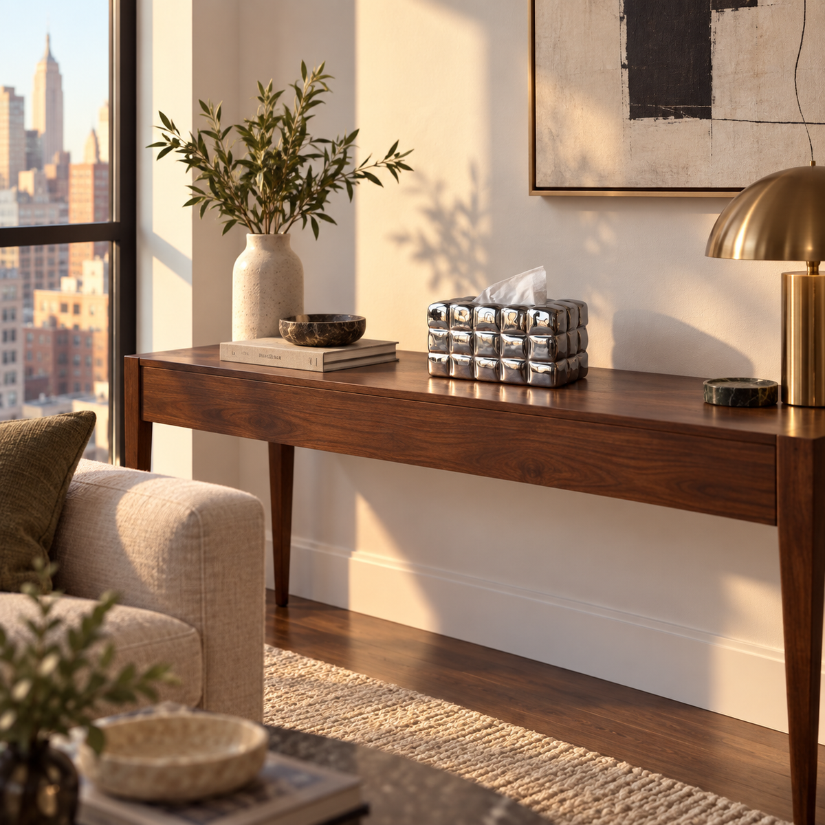 Mirror Chrome Silver Waffle Grid tissue cover on a walnut console in a living room.