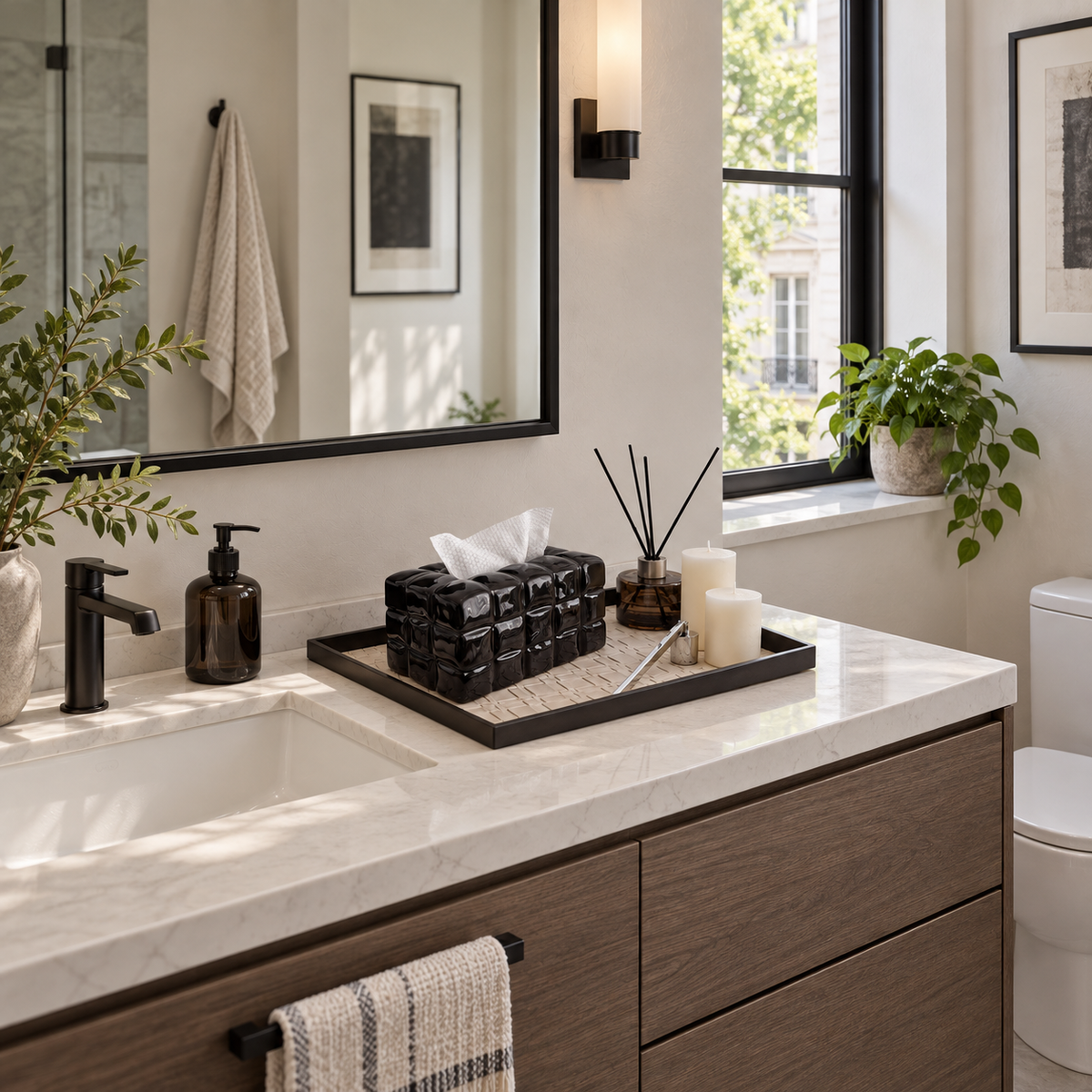 Glossy Piano Black Waffle Grid tissue cover on a bathroom vanity near a sink.