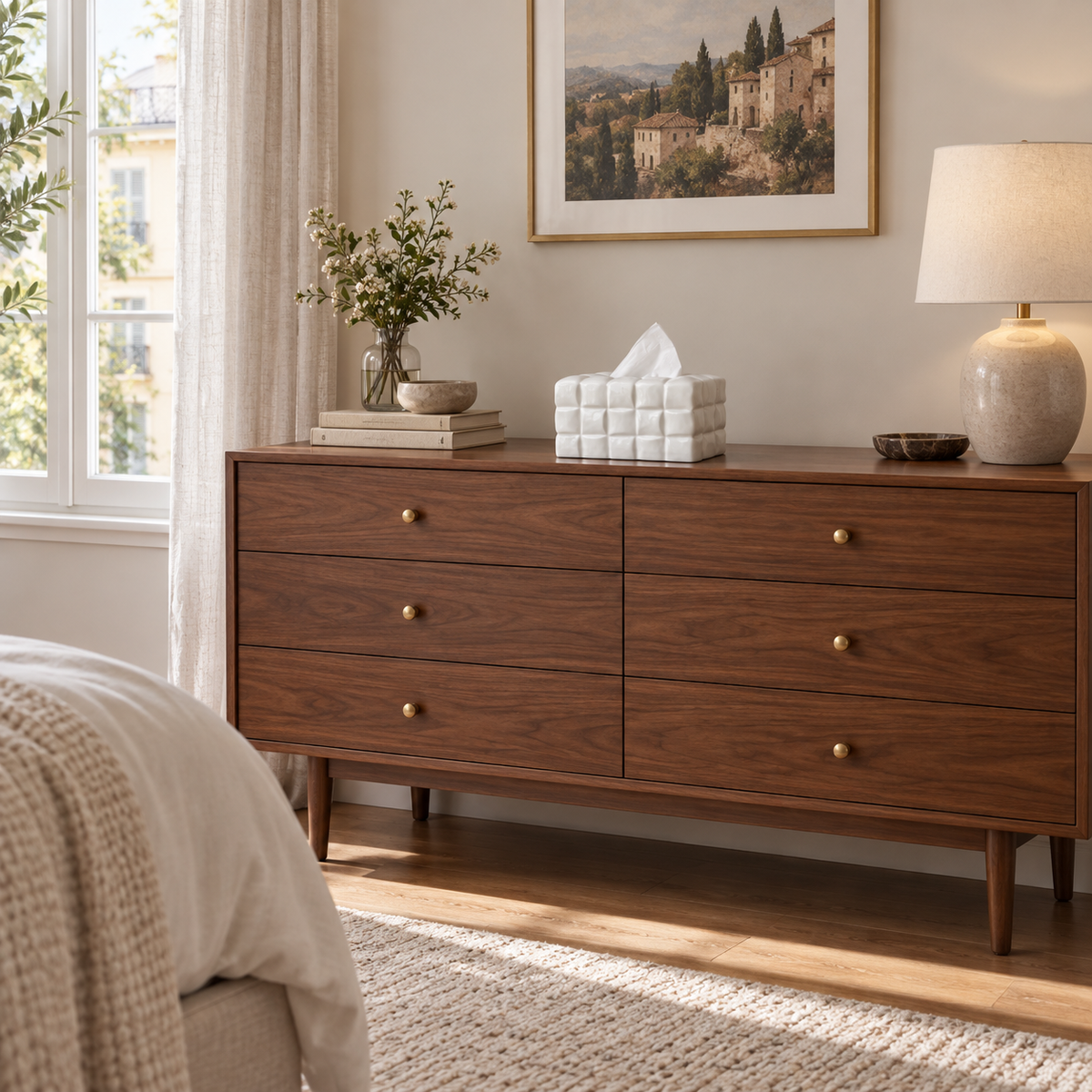 Glossy Ceramic White Waffle Grid tissue cover on a walnut dresser in a bedroom.