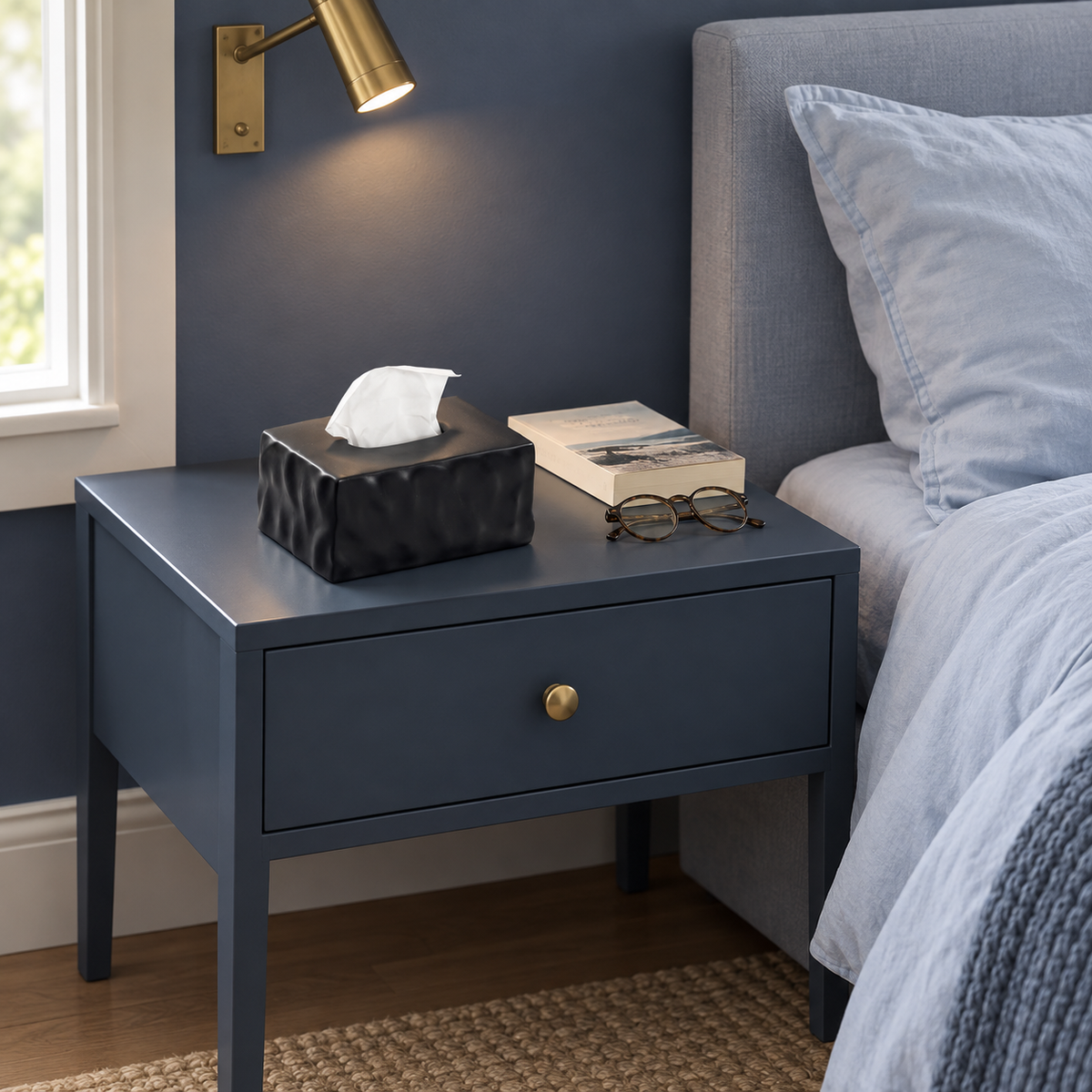 Black wavy ceramic tissue box cover on a blue bedside cabinet beside a book and reading glasses.