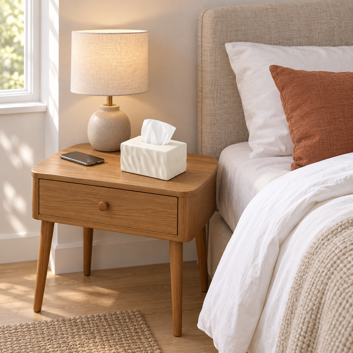 Warm Ecru tissue box cover on an oak bedside table beside a lamp, phone and upholstered bed.