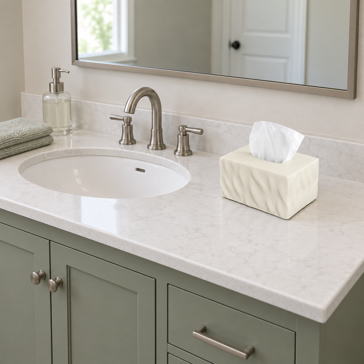 Ivory wavy ceramic tissue box cover on the dry side of a bathroom counter beside an oval sink.