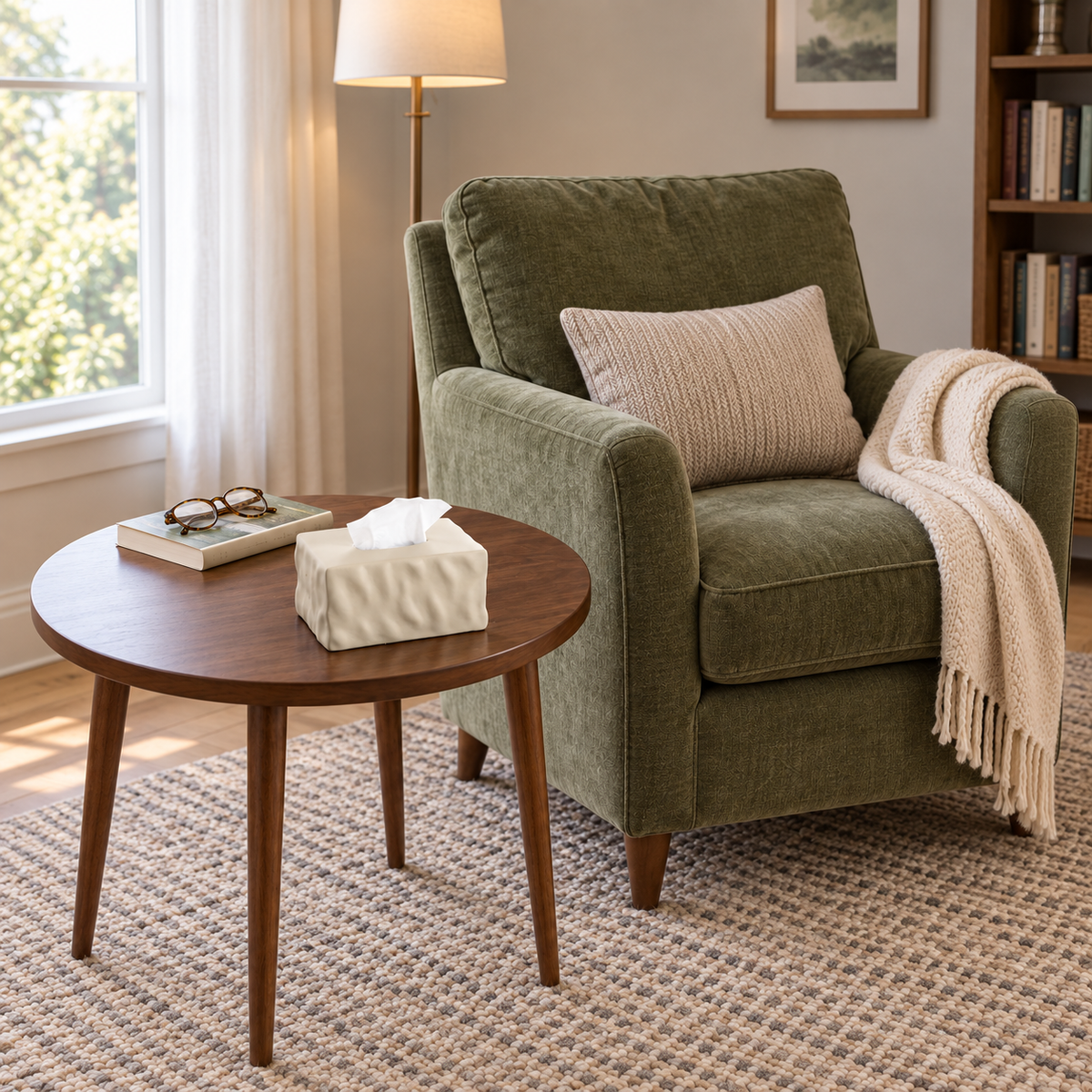 Soft Mocha tissue box cover on a round walnut side table beside a green reading chair, book and glasses.