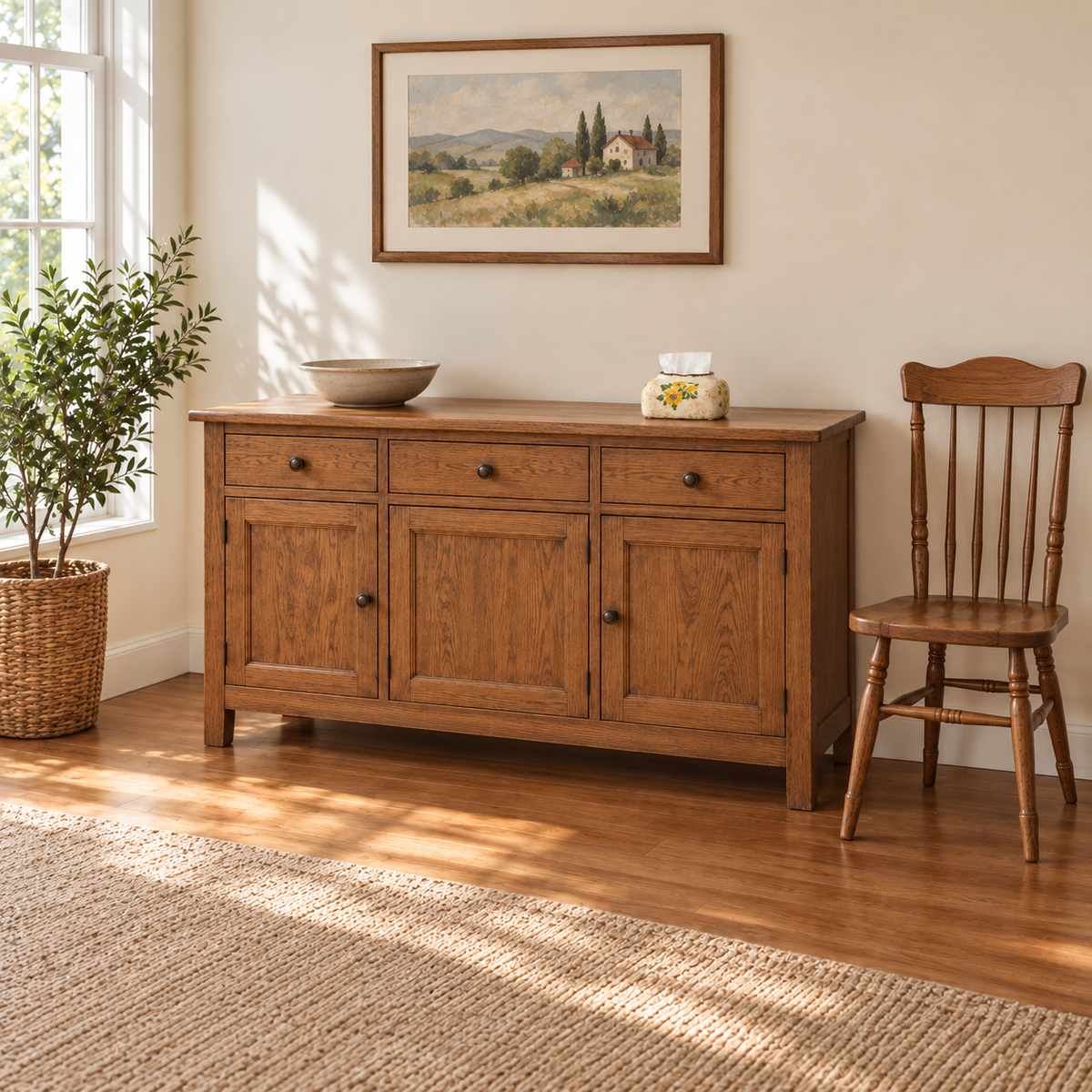 Small sunflower tissue box cover on a wooden sideboard beside a dining chair in a bright country-style room.