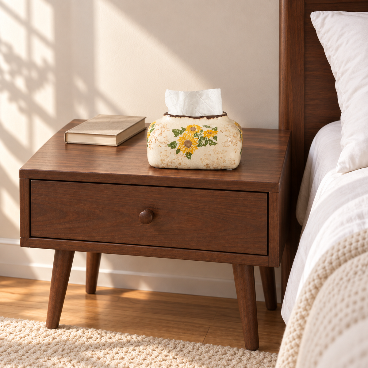 Sunflower tissue box cover and a closed book on a wooden bedside cabinet beside a white cotton bed.