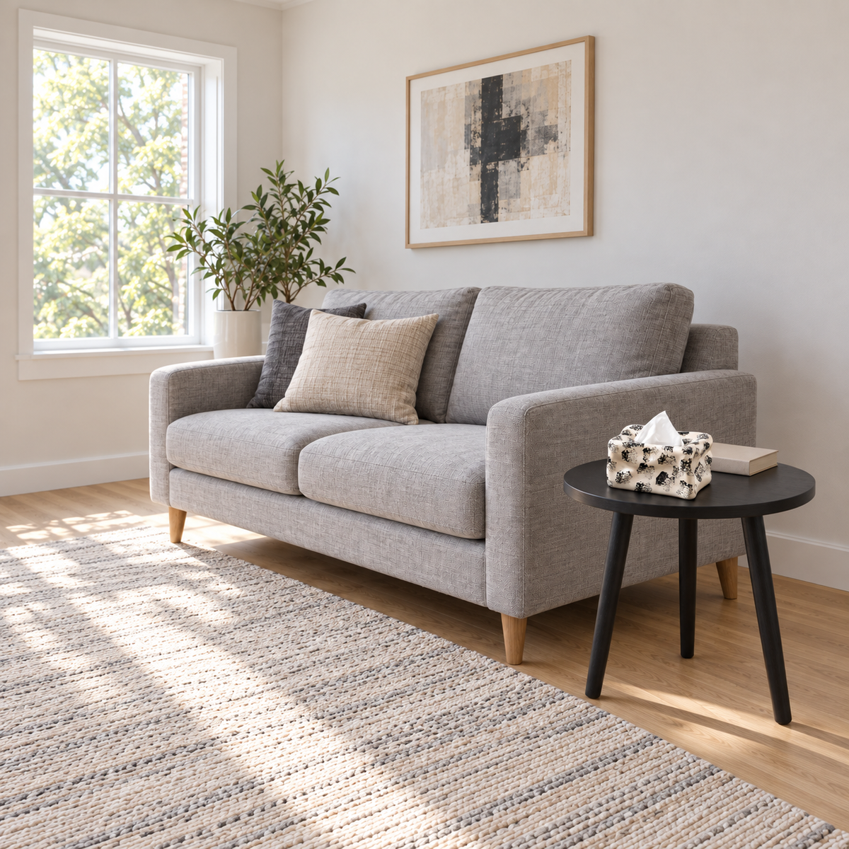 Ink-spot tissue box cover on a black side table beside a grey sofa in a bright living room.