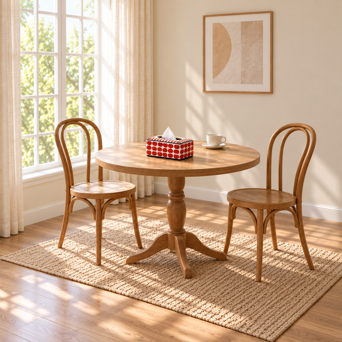 Cherry-pattern tissue box cover on a round wooden breakfast table with two bentwood chairs