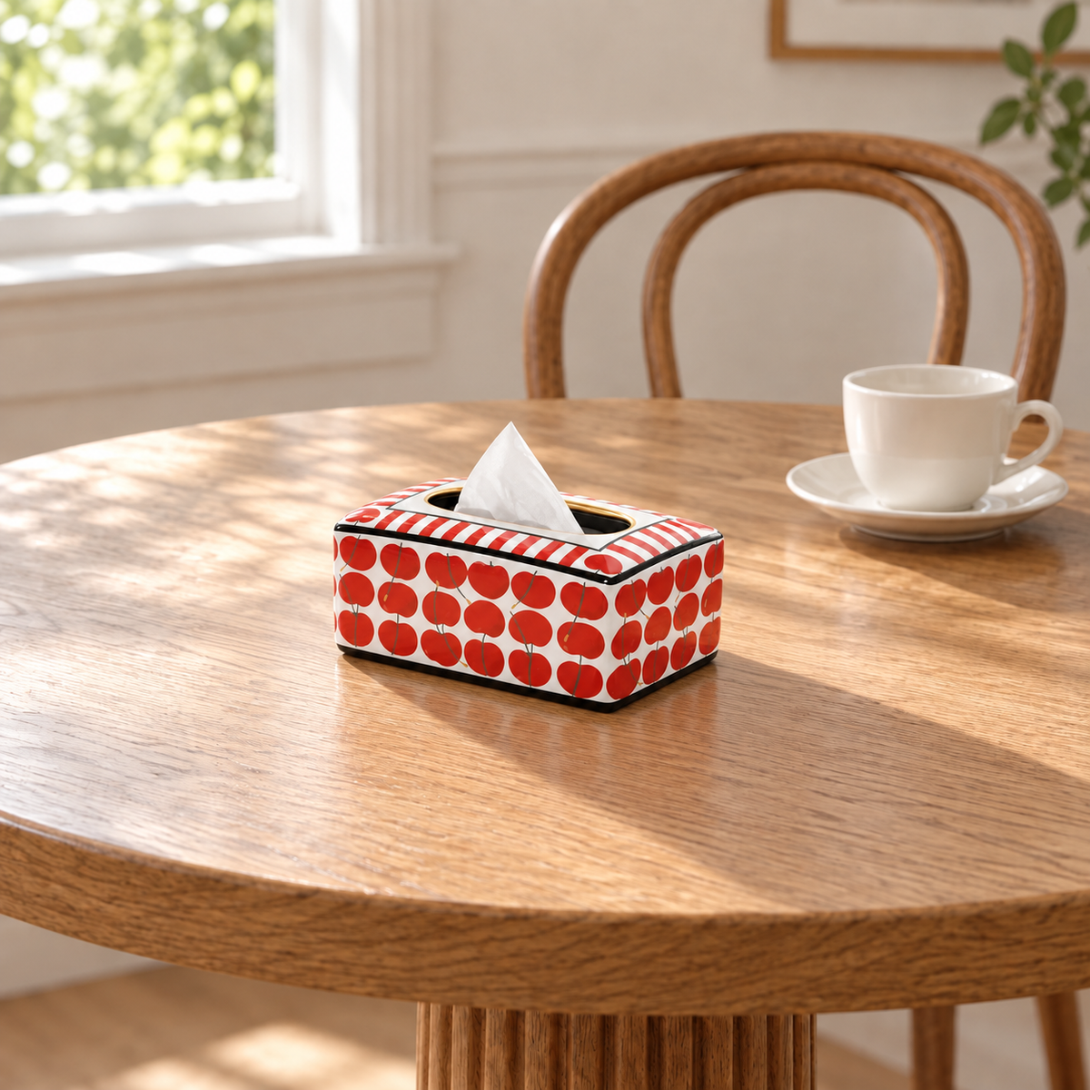 Cherry-pattern ceramic tissue box cover on a wooden table beside a plain cup and saucer