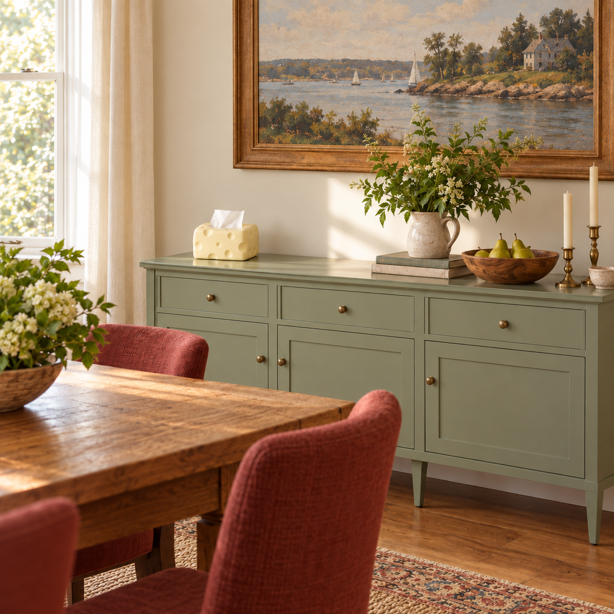 Small pale-yellow cheese-shaped tissue cover on a sage sideboard in a dining room.