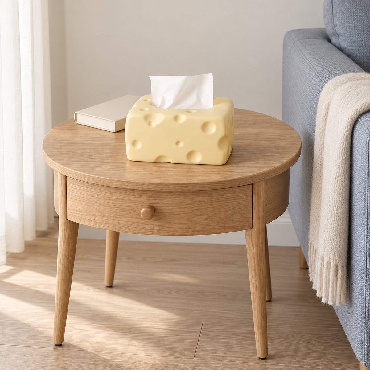 Yellow cheese-shaped tissue box cover and a closed book on a round oak table beside a blue-grey sofa.