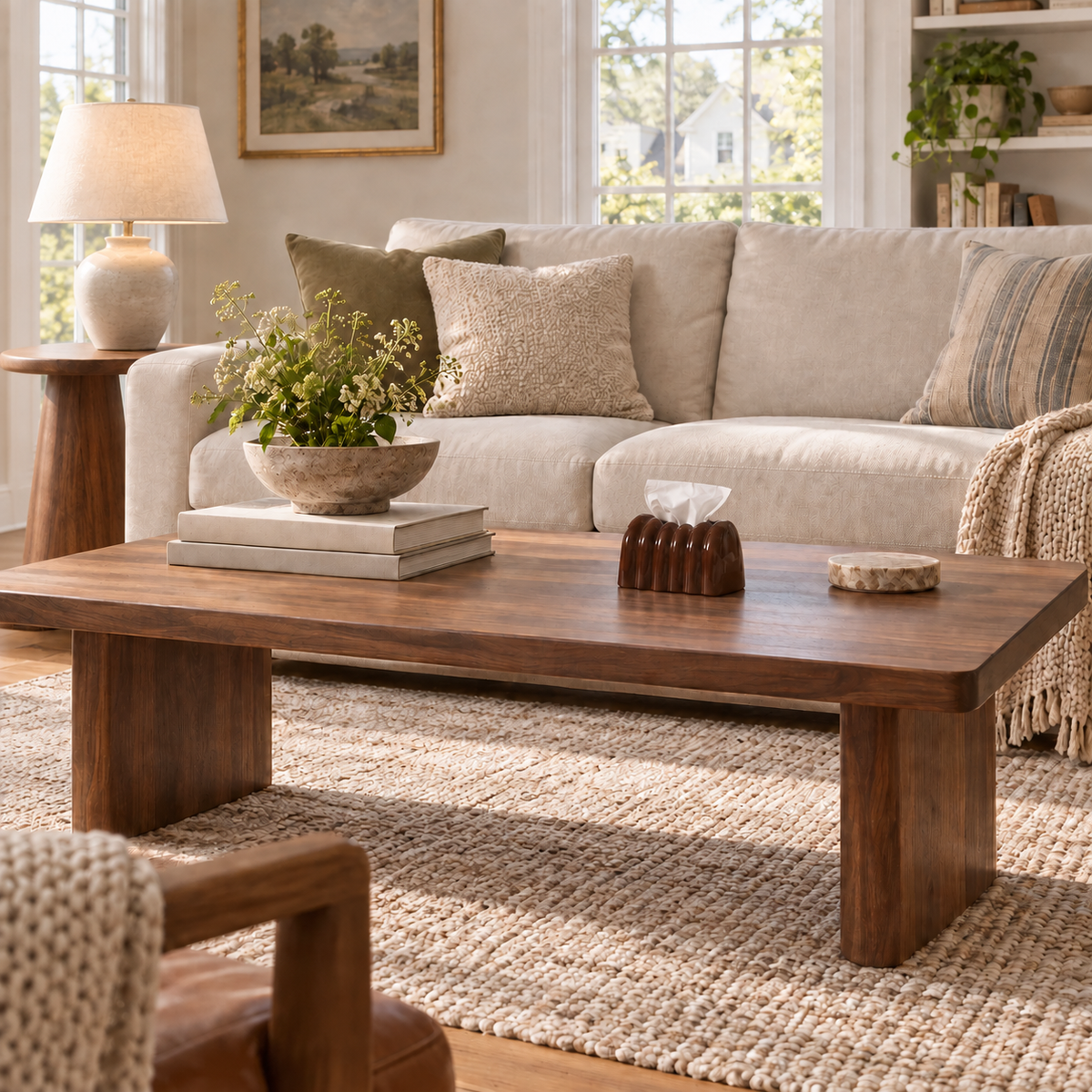 Glossy amber-brown ribbed tissue cover on a walnut coffee table in front of a cream living-room sofa.