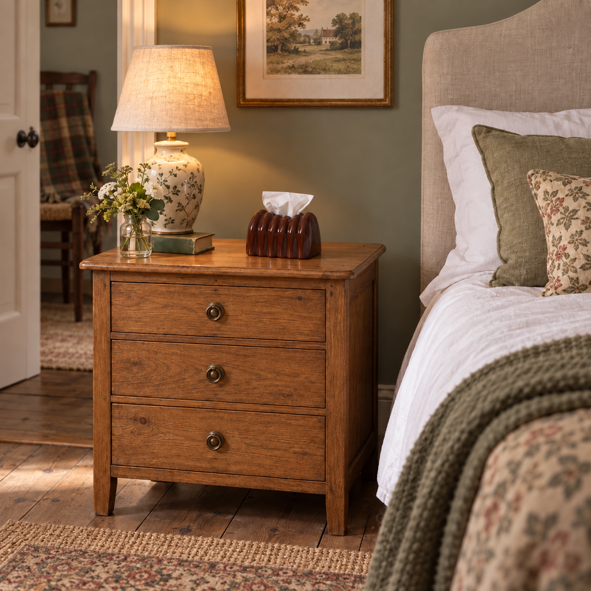 Glossy amber-brown ribbed tissue cover on an oak bedside chest beside a floral lamp and an upholstered bed.