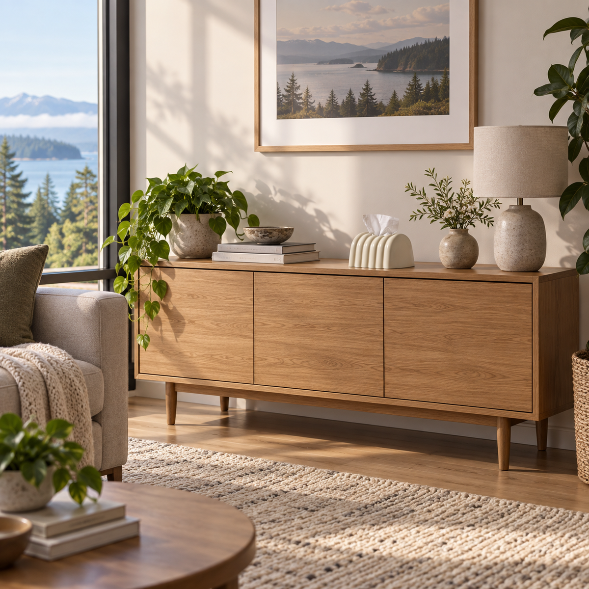Coconut Milk Ash tissue cover on a complete oak sideboard in a daylight living room.