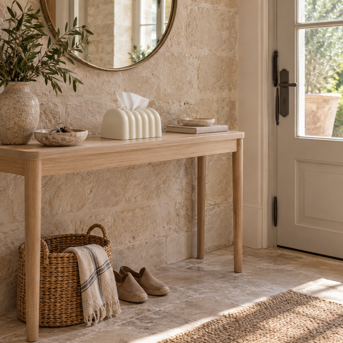 Coconut Milk Ash tissue cover on a pale oak entry console beside a door and mirror.