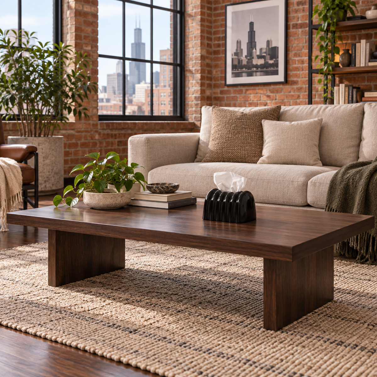 Polished Obsidian tissue cover on a dark walnut coffee table in a brick-walled sitting room.