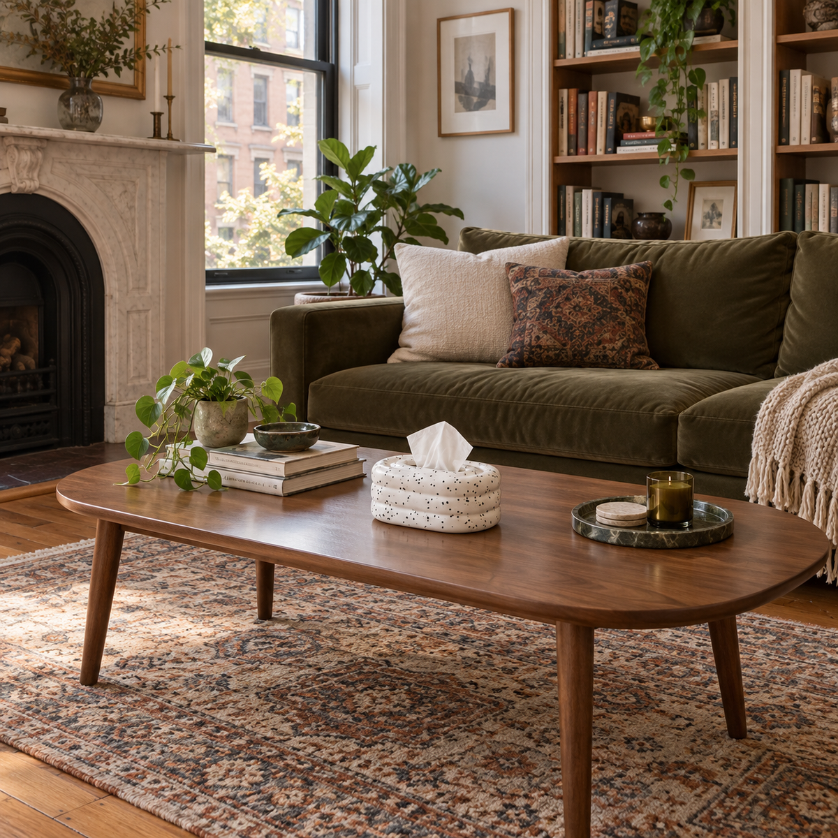 Ink-Speckled Pearl tissue cover on a walnut coffee table in a brownstone sitting room.