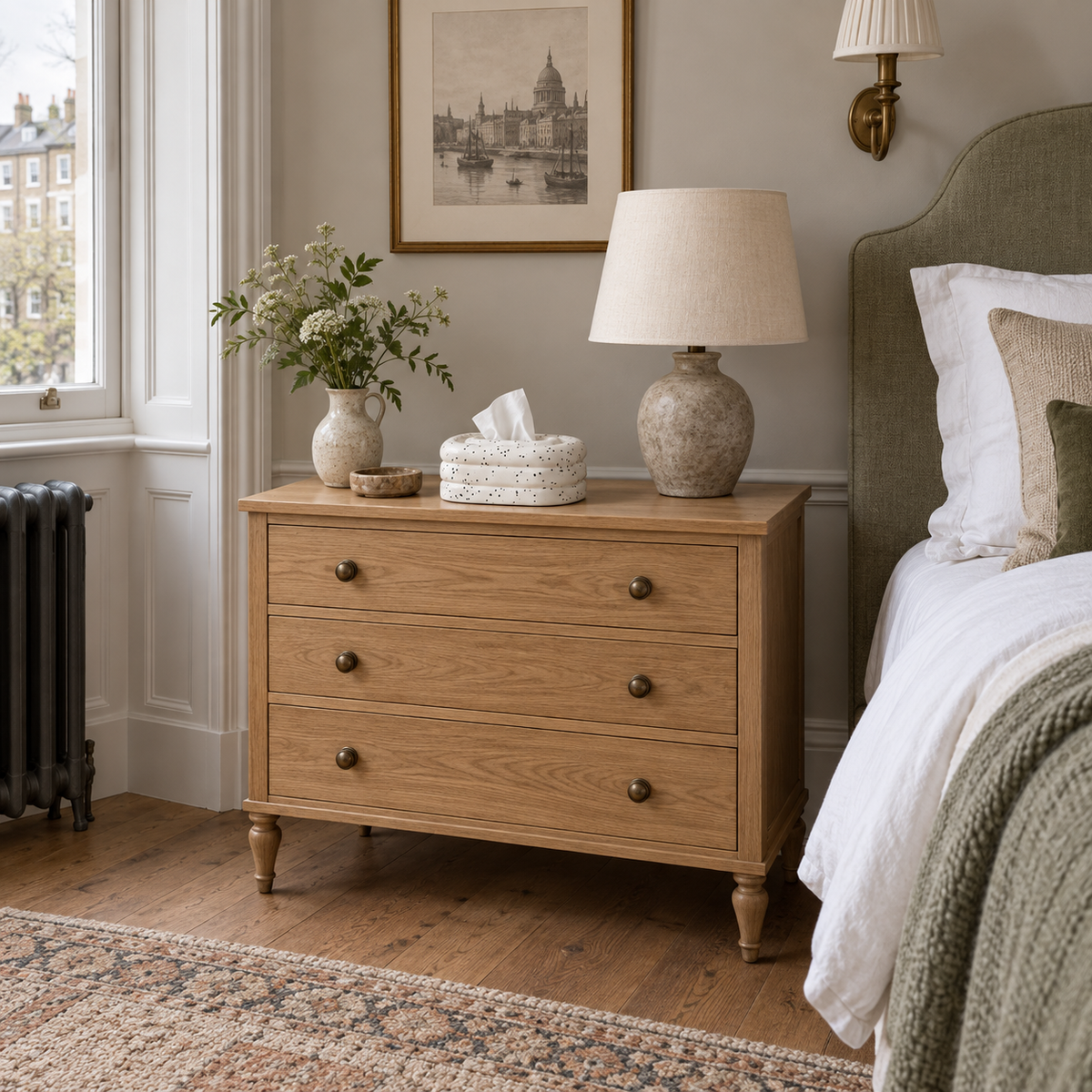 Ink-Speckled Pearl tissue cover on an oak bedside chest beside a bed.
