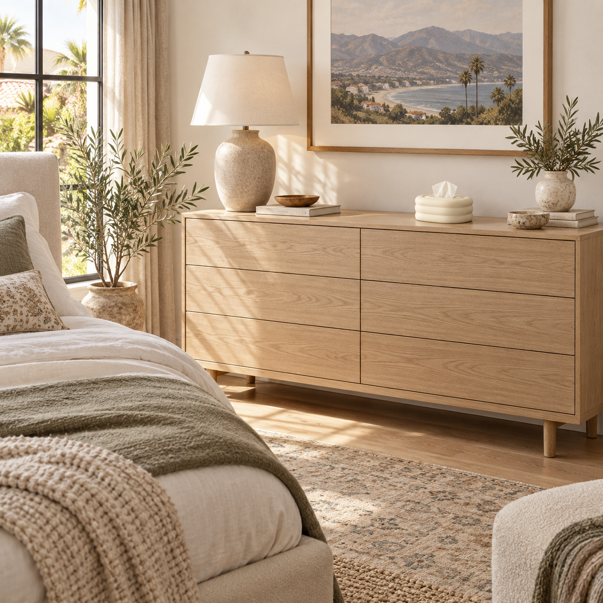 Matte Alabaster tissue cover on a pale oak dresser in a bedroom.