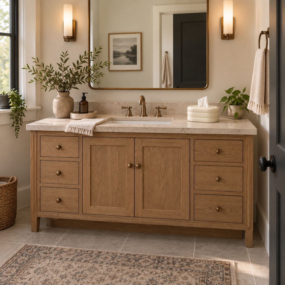 Matte Alabaster tissue cover on the dry side of a bathroom vanity.