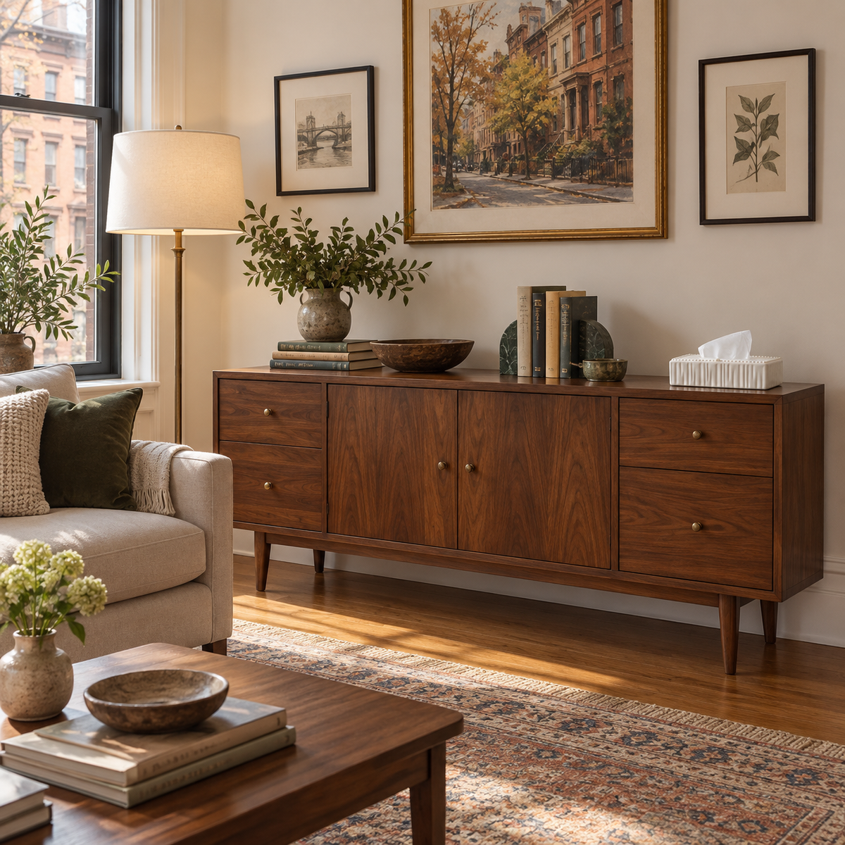 Rectangular fluted tissue cover on a walnut sideboard in a Boston living room.