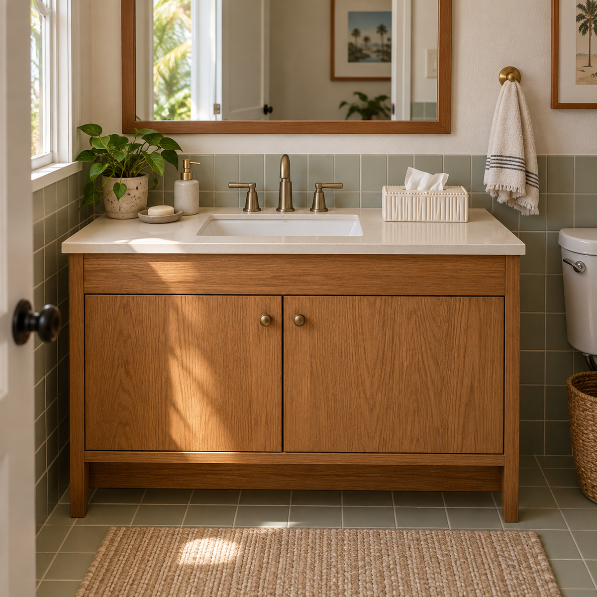 Rectangular pearl-rim tissue cover beside a sink on an oak vanity in a Los Angeles guest bathroom.