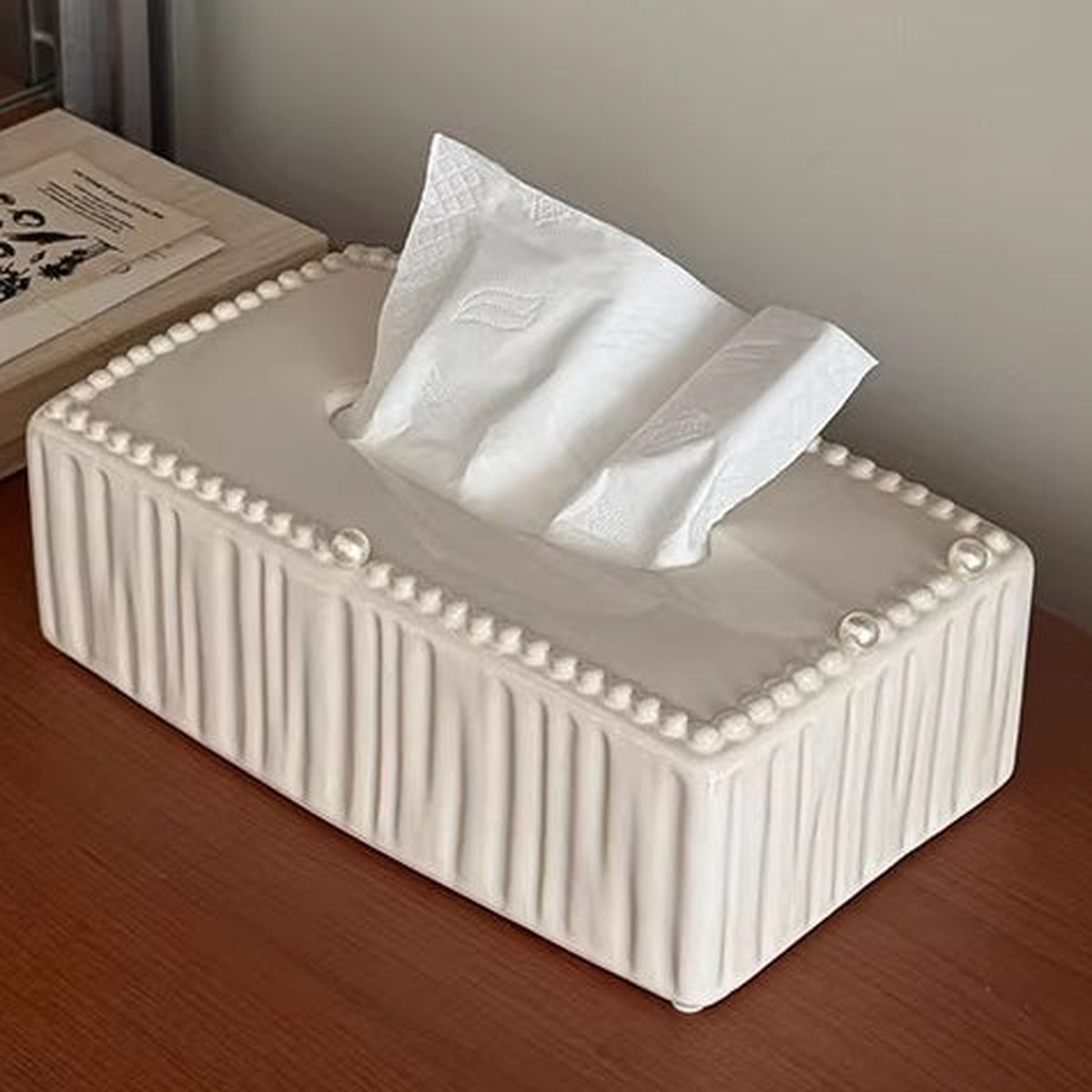 Original close view of the rectangular cover's pearl trim, irregular flutes and cream glaze.